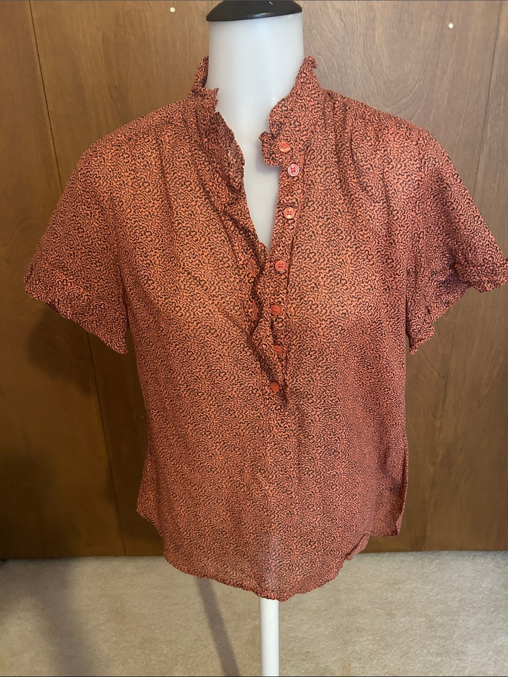 Womens Ruffled Button Front Top - Rust Red